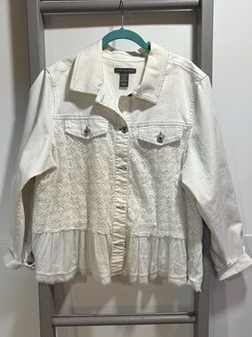 Style & Co 1X Denim Jacket, embellished, Lace, fairy Boho, euro summer, western